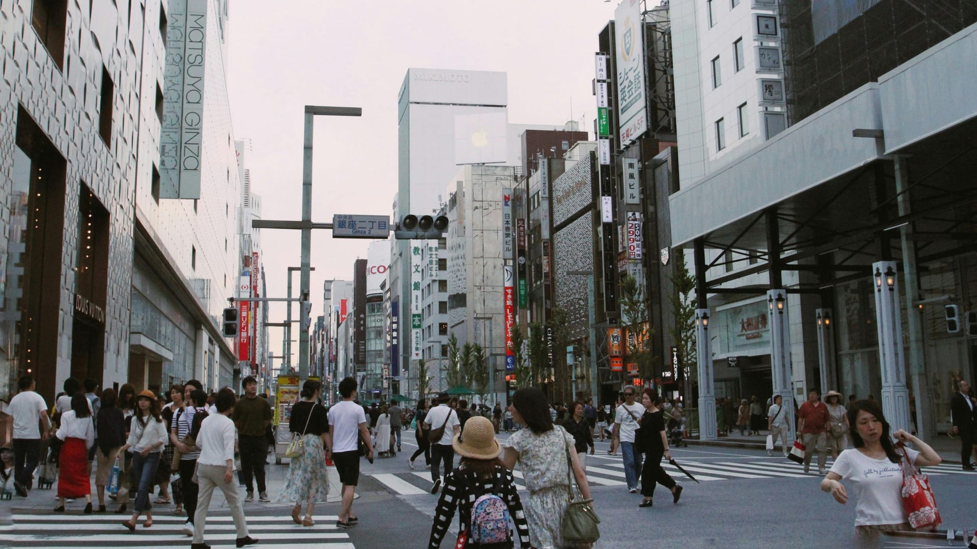Chuo-dori boulevard with luxury brand flagship stores in Ginza, Tokyo, Japan